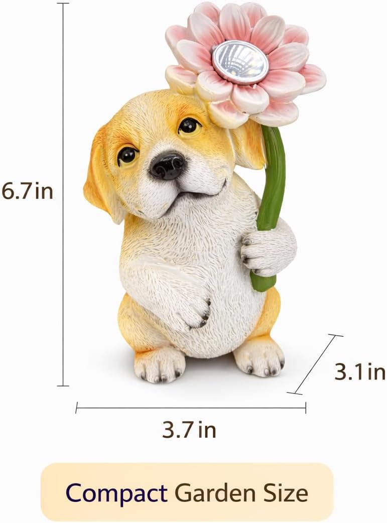 GoGnome Solar Dog Garden Statue with LED Flower – Hand-Painted Resin Puppy Figurine, Solar Powered Outdoor Garden Decor, Auto On/Off Yard Light Gift (Puppy) - Image 5